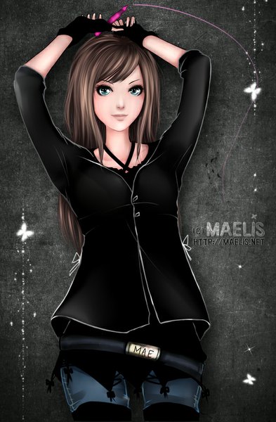 Anime picture 590x900 with m-aelis single long hair tall image looking at viewer brown hair standing aqua eyes girl gloves clothes