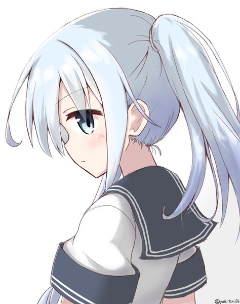 Anime picture 1170x1480 with kantai collection hibiki destroyer yakitori (yakitori06) single long hair tall image blush fringe simple background white background signed payot blue hair looking away upper body head tilt profile shadow short sleeves side ponytail