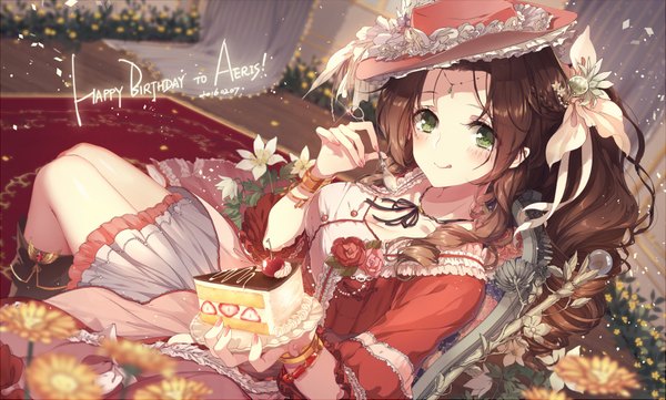 Anime picture 1659x999 with original kieta single long hair looking at viewer blush smile brown hair wide image green eyes :q girl dress flower (flowers) hat petals sweets tongue cake