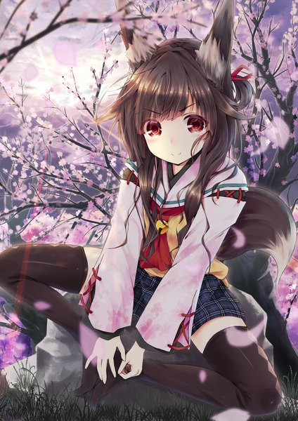 Anime picture 1447x2046 with original ruki (rokiru) single long hair tall image looking at viewer blush black hair smile red eyes sitting animal ears traditional clothes animal tail cherry blossoms girl thighhighs skirt black thighhighs plant (plants)