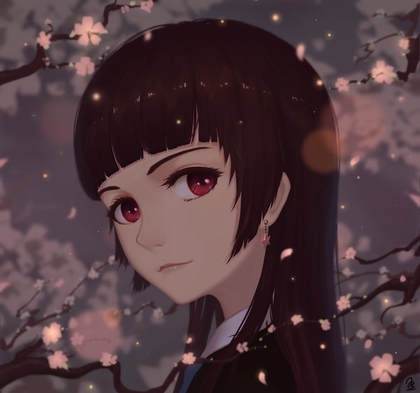 Anime picture 800x750 with original kevin kimi ganbatte single long hair looking at viewer fringe black hair red eyes signed payot upper body outdoors blunt bangs light smile lipstick cherry blossoms lens flare portrait eyebrows face
