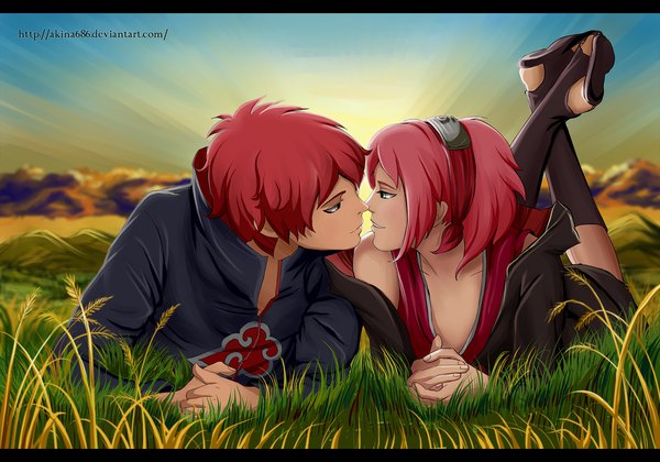 Anime picture 2000x1400 with naruto studio pierrot naruto (series) haruno sakura sasori akina silver highres short hair green eyes signed pink hair sky red hair lying profile grey eyes couple evening sunset letterboxed