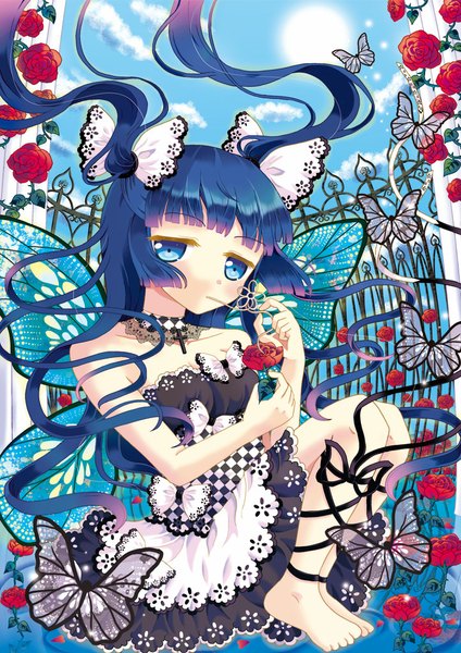 Anime picture 723x1023 with original hazakura satsuki single long hair tall image looking at viewer sitting bare shoulders sky cloud (clouds) barefoot two side up insect wings butterfly wings girl flower (flowers) wings rose (roses) insect butterfly