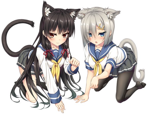 Anime picture 1807x1402 with kantai collection hamakaze destroyer isokaze destroyer moeki yuuta long hair blush highres short hair open mouth blue eyes black hair smile red eyes white background multiple girls animal ears tail animal tail grey hair cat ears