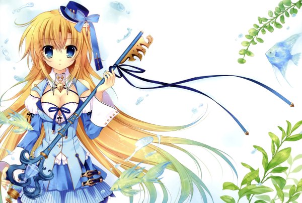 Anime picture 2700x1825 with original mitha single long hair highres blue eyes blonde hair girl dress ribbon (ribbons) plant (plants) hat fish (fishes) mini hat mini top hat key