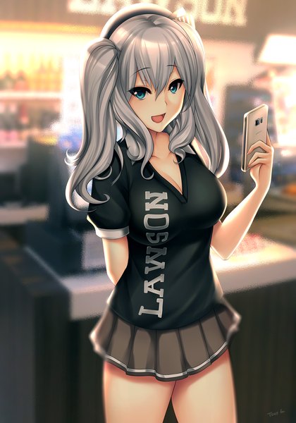 Anime picture 875x1250 with kantai collection lawson kashima training cruiser tony guisado single long hair tall image looking at viewer open mouth blue eyes grey hair girl skirt miniskirt mobile phone