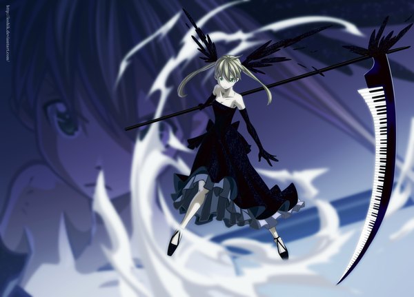 Anime picture 1806x1300 with soul eater studio bones maka albarn ioshik single long hair highres blonde hair twintails bare shoulders green eyes coloring smoke zoom layer girl dress gloves weapon elbow gloves black dress