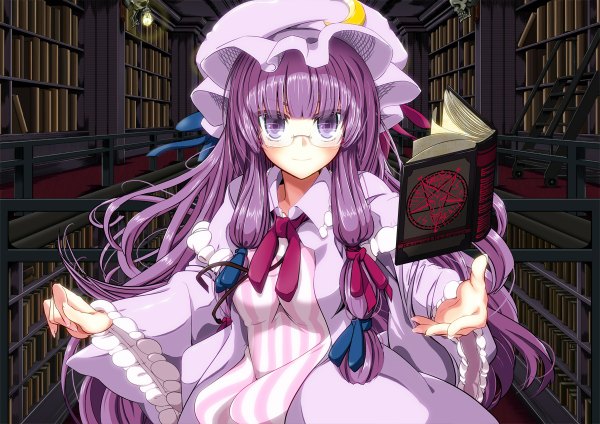 Anime picture 1200x848 with touhou patchouli knowledge hebata purple eyes purple hair indoors girl hat glasses hairband book (books) library