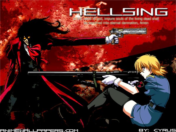 Anime picture 1024x768 with hellsing alucard (hellsing) seras victoria red eyes girl weapon gun