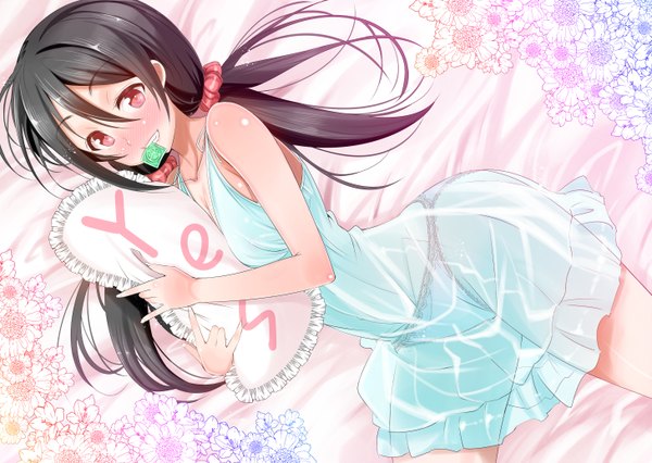 Anime picture 1458x1036 with love live! school idol project sunrise (studio) love live! yazawa nico takuji (dekosenn) single long hair looking at viewer blush fringe open mouth light erotic black hair smile red eyes twintails holding lying sleeveless mouth hold
