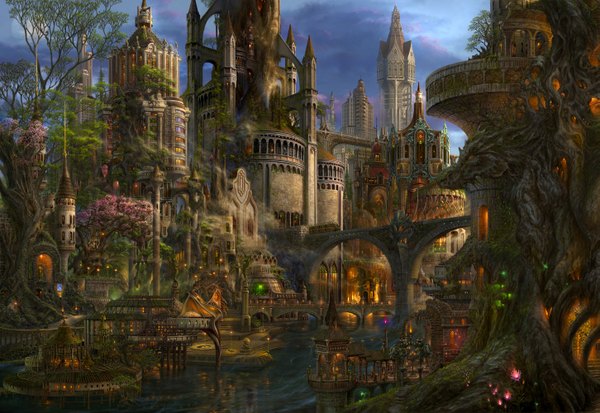 Anime picture 2901x2000 with original ucchiey highres sky cloud (clouds) city fantasy river flower (flowers) plant (plants) animal wings tree (trees) water building (buildings) fire dragon bridge tower balcony