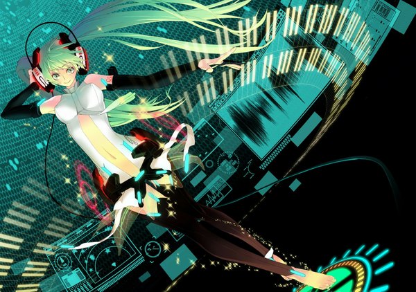 Anime picture 1920x1353 with vocaloid vocaloid append hatsune miku hatsune miku (append) rozer single long hair looking at viewer highres barefoot aqua eyes aqua hair midriff girl thighhighs navel black thighhighs detached sleeves headphones