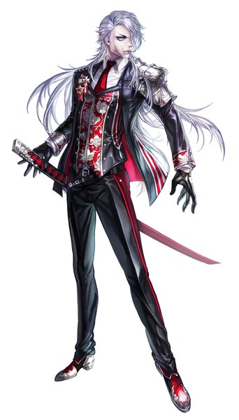 Anime picture 1200x2100 with original bbbox (hotpppink) single long hair tall image fringe blue eyes simple background white background looking away silver hair hair over one eye scar boy gloves weapon shirt sword necktie belt