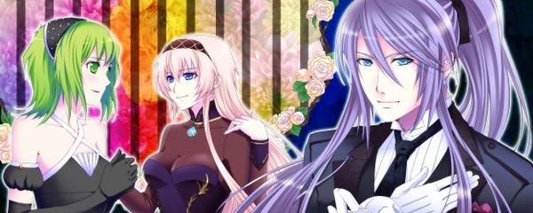 Anime picture 2500x1000 with vocaloid megurine luka gumi kamui gakupo e-megu (artist) long hair highres short hair smile wide image multiple girls green eyes pink hair purple hair girl boy gloves 2 girls elbow gloves