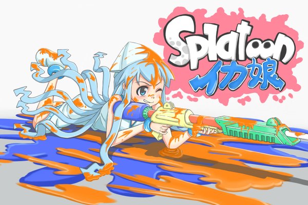 Anime picture 1500x1000 with shinryaku! ika musume splatoon nintendo ika musume 1060 (1060291031) single long hair blue eyes smile bare shoulders blue hair bent knee (knees) one eye closed copyright name on stomach leg lift (legs lift) tentacle hair girl weapon bracelet