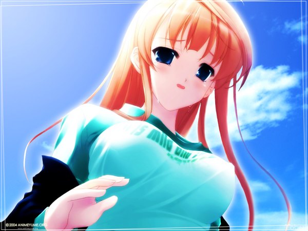 Anime picture 1600x1200 with single long hair blush open mouth blue eyes sky orange hair tears girl