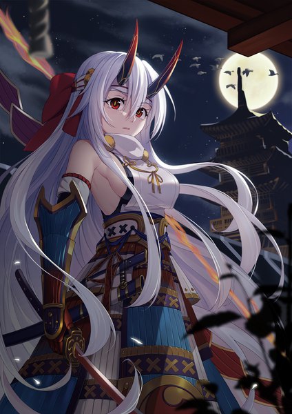 Anime picture 1400x1980 with fate (series) fate/grand order tomoe gozen (fate) baseness single long hair tall image looking at viewer fringe breasts hair between eyes red eyes standing bare shoulders holding silver hair traditional clothes parted lips japanese clothes horn (horns)