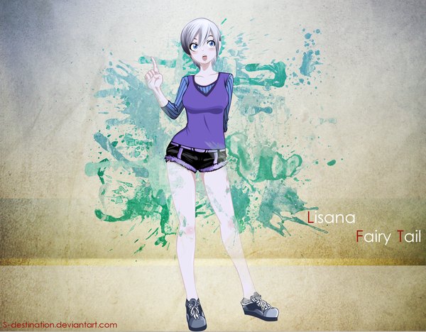 Anime picture 1920x1500 with fairy tail lisanna strauss s-destination single blush highres short hair open mouth blue eyes simple background grey hair inscription coloring girl shorts sneakers