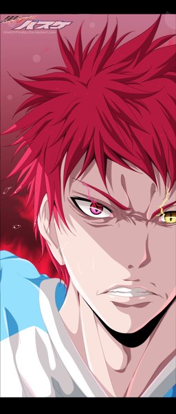 Anime picture 1115x2604 with kuroko no basket production i.g akashi seijuurou khalilxpirates single tall image short hair yellow eyes pink hair pink eyes inscription heterochromia coloring glowing close-up face glowing eye (eyes) angry boy uniform