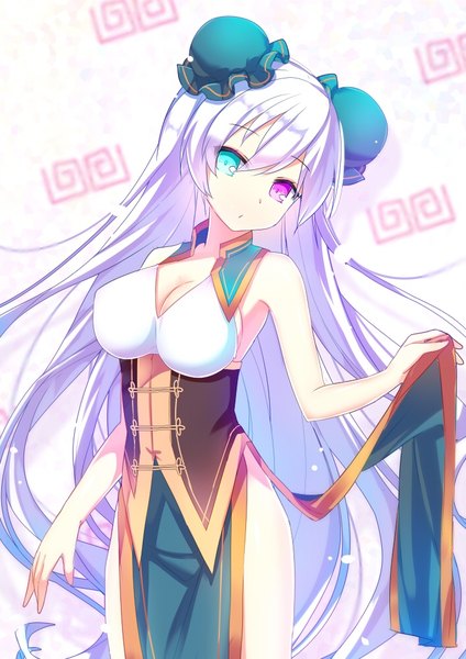 Anime picture 706x1000 with original canon (nyori) nyori single tall image looking at viewer fringe breasts light erotic simple background hair between eyes large breasts white background purple eyes bare shoulders holding payot purple hair very long hair traditional clothes