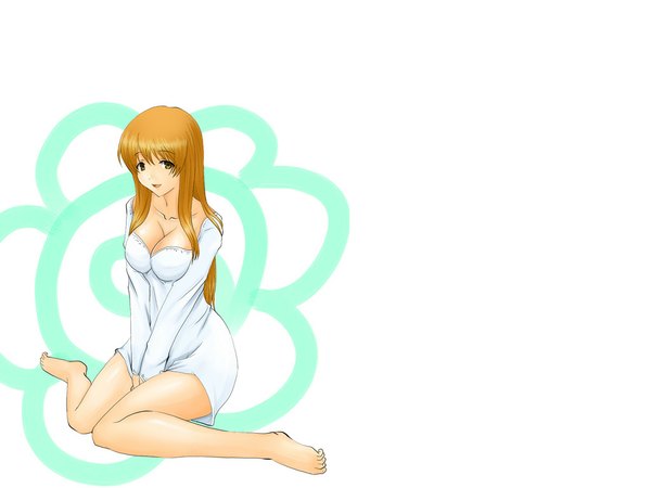 Anime picture 1024x768 with hanamaru youchien gainax single long hair breasts light erotic simple background smile white background sitting brown eyes barefoot orange hair legs girl dress