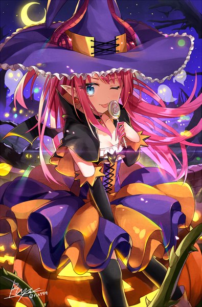 Anime picture 700x1062 with fate (series) fate/grand order elizabeth bathory (fate) (all) elizabeth bathory (halloween caster) (fate) rin yuu single long hair tall image looking at viewer fringe breasts blue eyes smile sitting holding signed payot pink hair cleavage outdoors