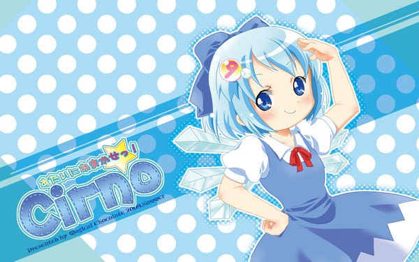 Anime picture 1920x1200 with touhou cirno sarta single looking at viewer blush highres short hair blue eyes smile wide image blue hair inscription loli wallpaper hand on hip blue background polka dot polka dot background girl