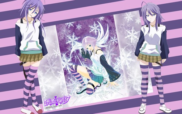 Anime picture 1680x1050 with rosario+vampire shirayuki mizore wide image pink hair purple hair ahoge copyright name snowing snow striped background thighhighs snowflake (snowflakes)