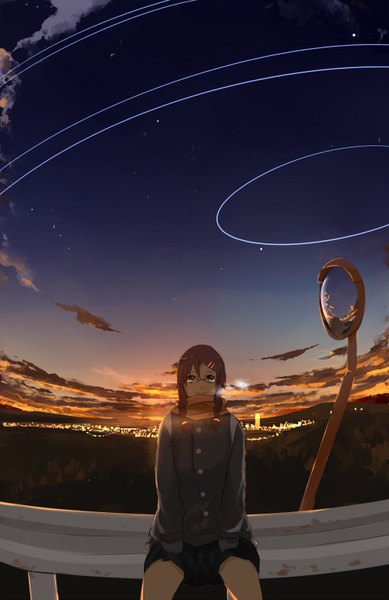 Anime picture 1000x1543 with original djyui single long hair tall image looking at viewer blush smile brown hair sitting sky cloud (clouds) braid (braids) long sleeves pleated skirt sunlight night sky twin braids city cityscape