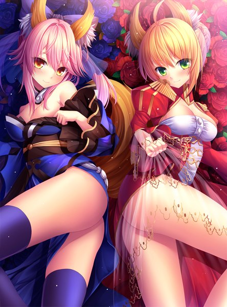 Anime picture 741x1000 with fate (series) fate/extra nero claudius (fate) (all) tamamo (fate) (all) nero claudius (fate) tamamo no mae (fate) toshi (1-147) long hair tall image looking at viewer blush short hair breasts light erotic blonde hair smile multiple girls green eyes animal ears yellow eyes