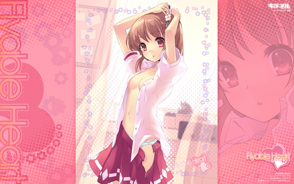 Anime picture 1920x1200 with flyable heart charamel inaba yui itou noiji single highres short hair breasts light erotic brown hair wide image open clothes open shirt wallpaper sideboob adjusting hair hairdressing girl hair ornament underwear