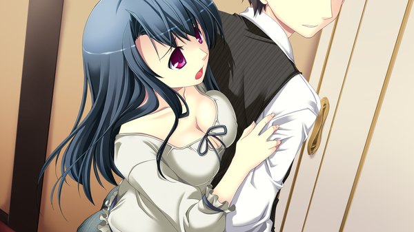Anime picture 1280x720 with end sleep long hair breasts open mouth light erotic black hair wide image purple eyes game cg couple girl boy shirt