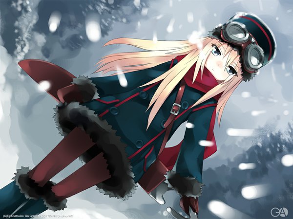 Anime picture 1024x768 with gagraphic single long hair blue eyes blonde hair inscription snowing winter snow girl hat pantyhose glasses jacket boots scarf