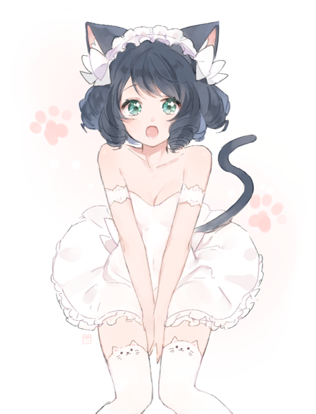 Anime picture 610x800 with show by rock!! studio bones cyan (show by rock!!) marin (myuy 3) single tall image looking at viewer short hair open mouth black hair simple background white background bare shoulders green eyes animal ears blue hair tail animal tail cat ears :o
