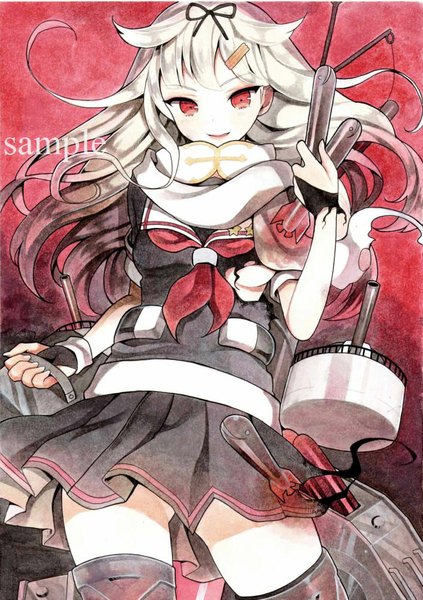 Anime picture 705x1000 with kantai collection yuudachi destroyer mugicha0929 single long hair tall image looking at viewer smile red eyes silver hair from below watermark red background traditional media remodel (kantai collection) sample watermark girl skirt uniform hair ornament