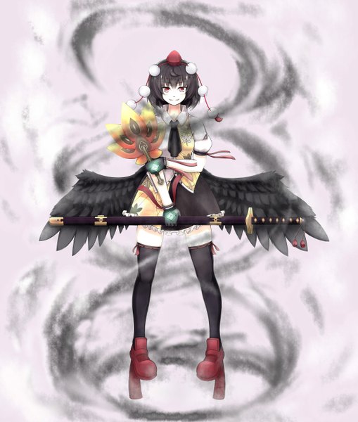 Anime picture 2200x2592 with touhou shameimaru aya soranoslayers single tall image looking at viewer highres short hair black hair red eyes girl thighhighs dress weapon black thighhighs hat sword wings katana fan