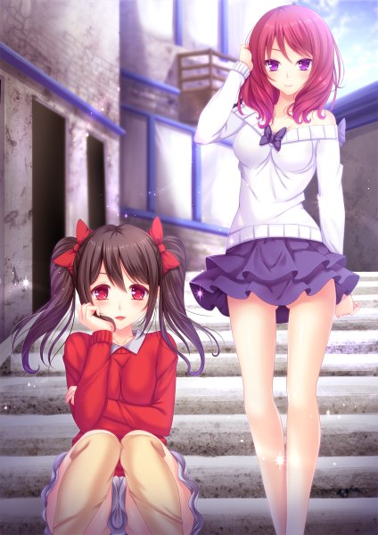 Anime picture 848x1200 with love live! school idol project sunrise (studio) love live! nishikino maki yazawa nico toshi (1-147) long hair tall image looking at viewer blush open mouth light erotic black hair red eyes sitting twintails purple eyes multiple girls red hair girl