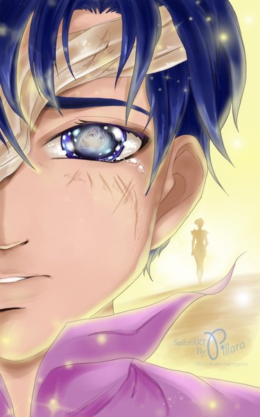 Anime picture 2480x3964 with bishoujo senshi sailor moon toei animation prince diamond safire ayakashi petz pillara tall image highres short hair purple eyes blue hair white hair multiple boys tears reflection face siblings silhouette brothers bandage over one eye