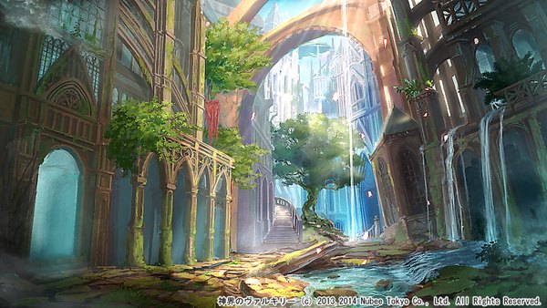 Anime picture 1022x576 with original melonsoda wide image sunlight inscription city light cityscape no people fantasy plant (plants) tree (trees) water building (buildings) arch