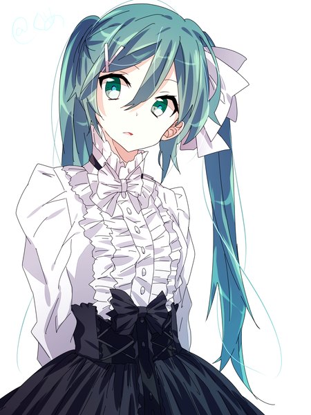 Anime picture 1200x1600 with vocaloid hatsune miku chihara gumi single long hair tall image looking at viewer fringe simple background hair between eyes white background twintails green eyes parted lips aqua hair hands behind back girl skirt hair ornament bow