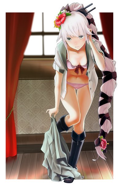 Anime picture 800x1240 with kantai collection yura light cruiser hutsudansa single tall image looking at viewer fringe blue eyes light erotic smile bent knee (knees) indoors very long hair pleated skirt hair flower open clothes leaning open shirt leaning forward adjusting hair