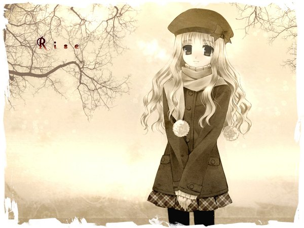 Anime picture 1024x768 with touto seiro single long hair standing monochrome wavy hair hat scarf beret coat