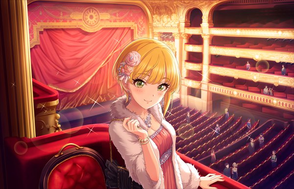 Anime picture 1280x824 with idolmaster idolmaster cinderella girls miyamoto frederica single looking at viewer blush short hair blonde hair smile green eyes theater lumiere etoile girl dress hair ornament bag scene