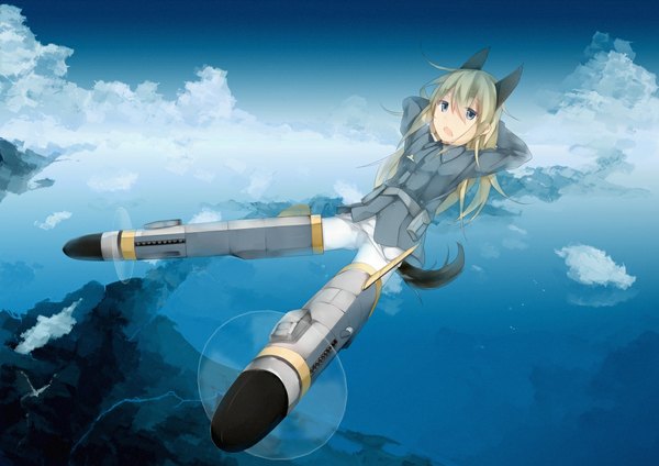 Anime picture 1158x819 with strike witches eila ilmatar juutilainen single long hair open mouth blue eyes blonde hair animal ears cloud (clouds) animal tail night sky arms behind head flying girl uniform military uniform
