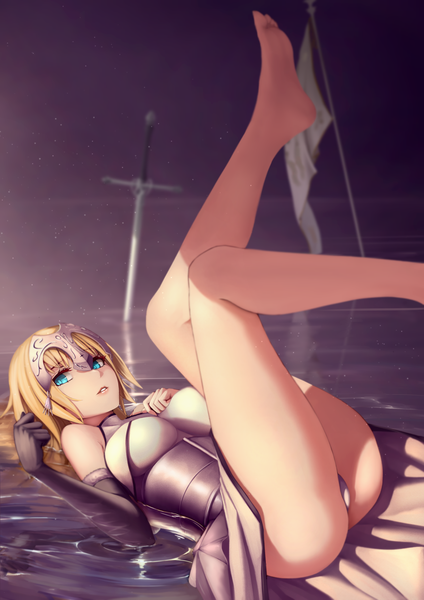 Anime picture 1300x1839 with fate (series) fate/apocrypha type-moon jeanne d'arc (fate) (all) jeanne d'arc (fate) shijiu (adamhutt) single long hair tall image looking at viewer fringe breasts blue eyes light erotic blonde hair bare shoulders bent knee (knees) lying parted lips barefoot