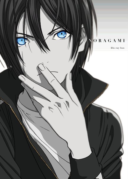 Anime picture 1843x2560 with noragami studio bones yato (noragami) single tall image looking at viewer fringe highres short hair blue eyes black hair hair between eyes upper body inscription grey background shadow copyright name serious hand on face boy