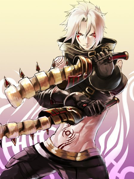 Anime picture 768x1024 with .hack//g.u. haseo ito mijinko single tall image short hair red eyes grey hair tattoo face paint boy gloves weapon