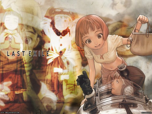 Anime picture 1600x1200 with last exile gonzo lavie head claus valca range murata short hair open mouth orange hair copyright name eye contact third-party edit bent over goggles on head girl boy gloves navel goggles blouse