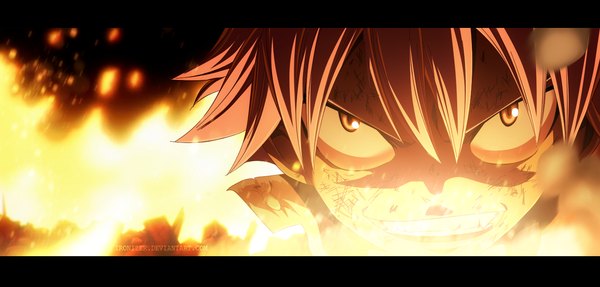 Anime picture 1437x689 with fairy tail natsu dragneel ironizer single short hair wide image yellow eyes pink hair grin coloring magic letterboxed close-up smoke face boy fire