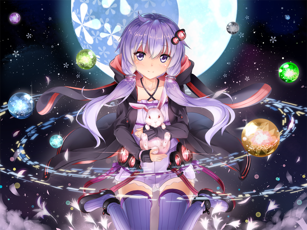 Anime picture 1000x750 with vocaloid voiceroid yuzuki yukari bug (artist) single long hair looking at viewer blush twintails purple eyes purple hair girl thighhighs dress hair ornament flower (flowers) animal moon bunny